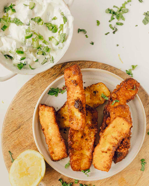 Crumbed Halloumi Chips with Tzatziki Dip