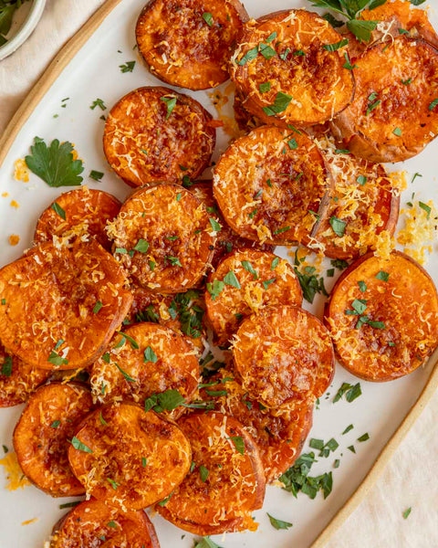 Garlic and Parmesan Smashed Sweet Potatoes