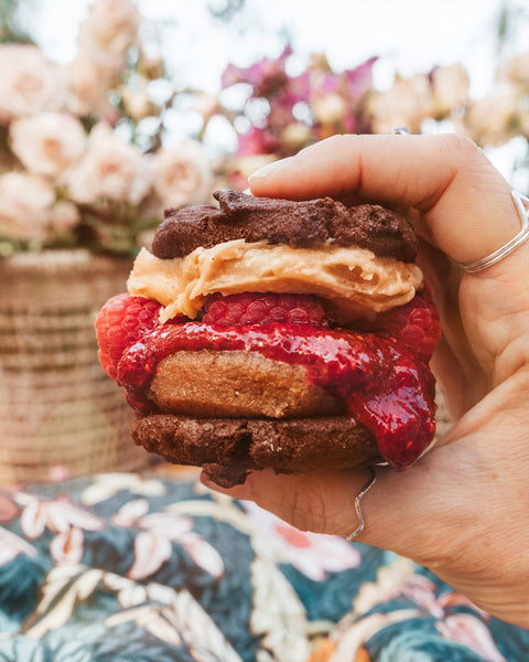 Triple Choc Peanut Butter Caramel and Raspberry Jam Brownie Cookies