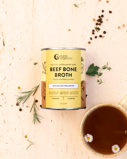 a flat lay image of beef bone broth turmeric